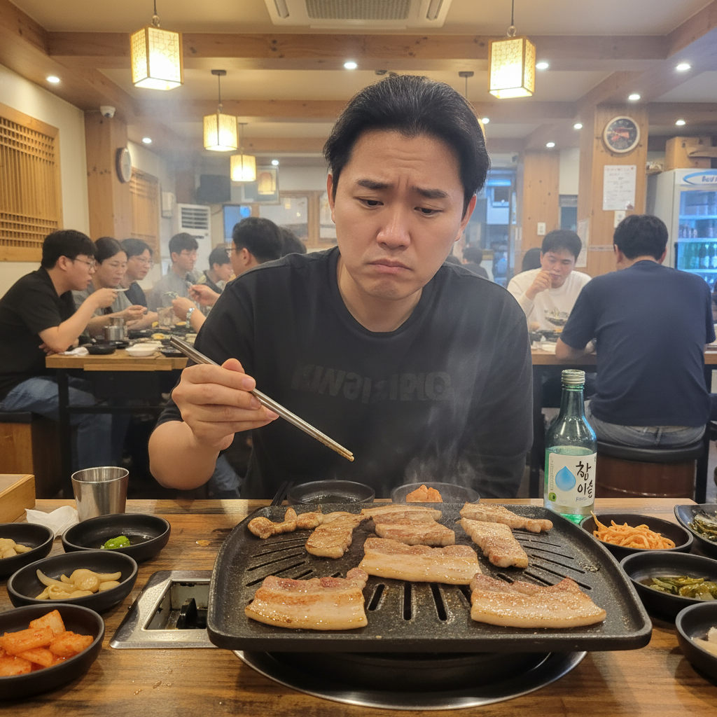 Korean person, male or female, sitting at a table with grilled samgyeopsal and soju, deep in thought with a slightly stressed but contemplative expression, while looking at the food. The background is a typical Korean BBQ restaurant. Lifestyle photography, warm lighting, natural setting, no visible text.