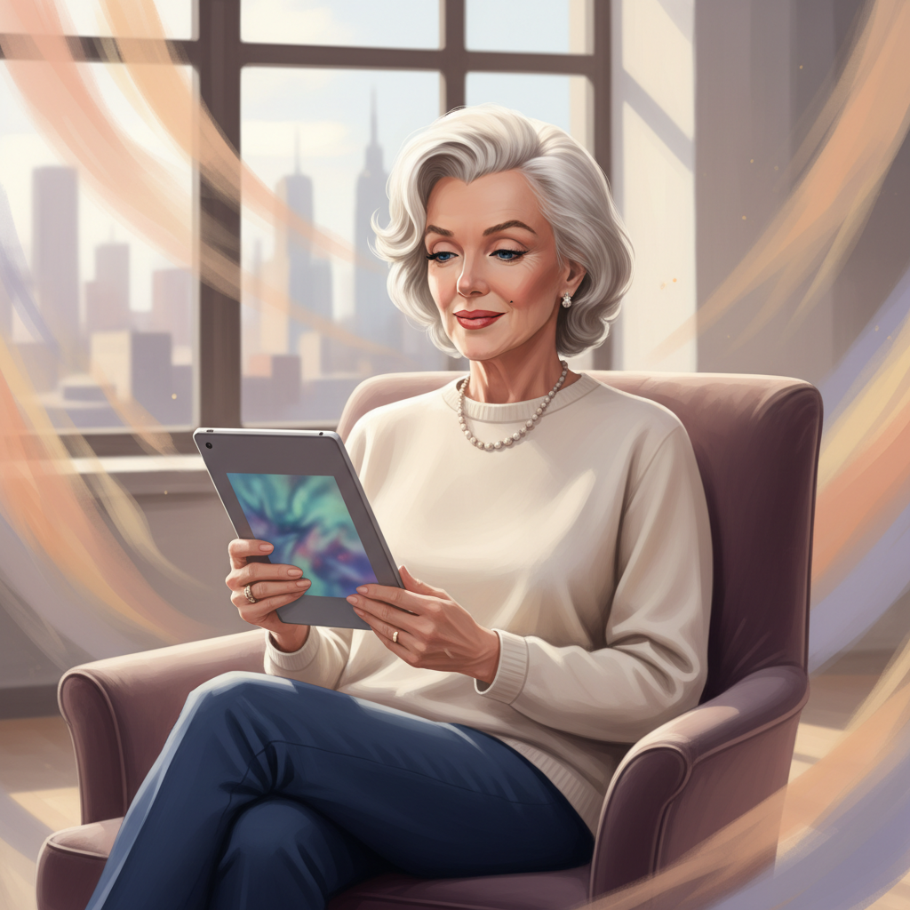 An artistic rendering illustration showing an elegant, older Marilyn Monroe, radiating wisdom and peace, in a modern setting. She might be looking at a tablet displaying news or art, with a serene expression. The background is a soft, gradient texture, illuminated with balanced, inviting light. No visible text.