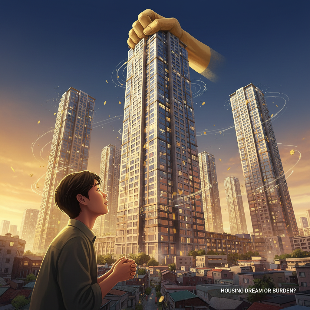 A conceptual illustration showing a young Korean person looking up at rising apartment buildings, urban cityscape with modern high-rise buildings, golden hour lighting, metaphorical representation of housing market pressure, warm color palette with deep blue sky, realistic architectural details