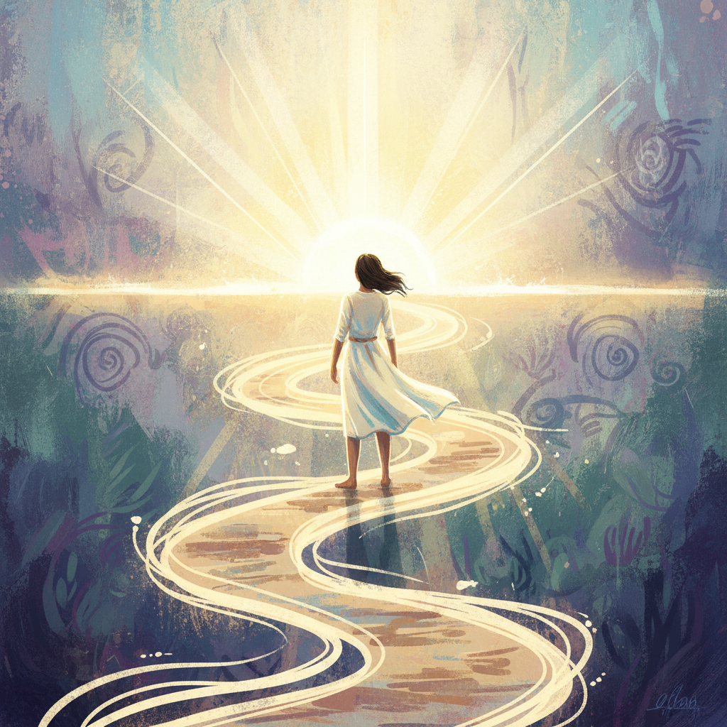 A person standing resiliently on a winding path, looking towards a bright horizon, symbolizing overcoming difficulties and finding inner strength. The path is surrounded by gentle, supportive light. Style: illustration, artistic rendering, textured background.