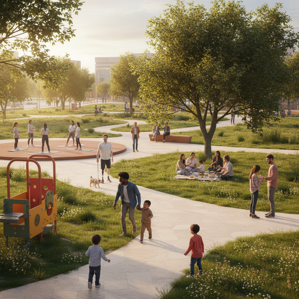 Heartwarming community scene in a modern park with diverse families and individuals coexisting peacefully. Parents watching children play while others read or walk, everyone respecting shared space. Soft golden hour lighting, green and warm color tones, inclusive atmosphere. No text.