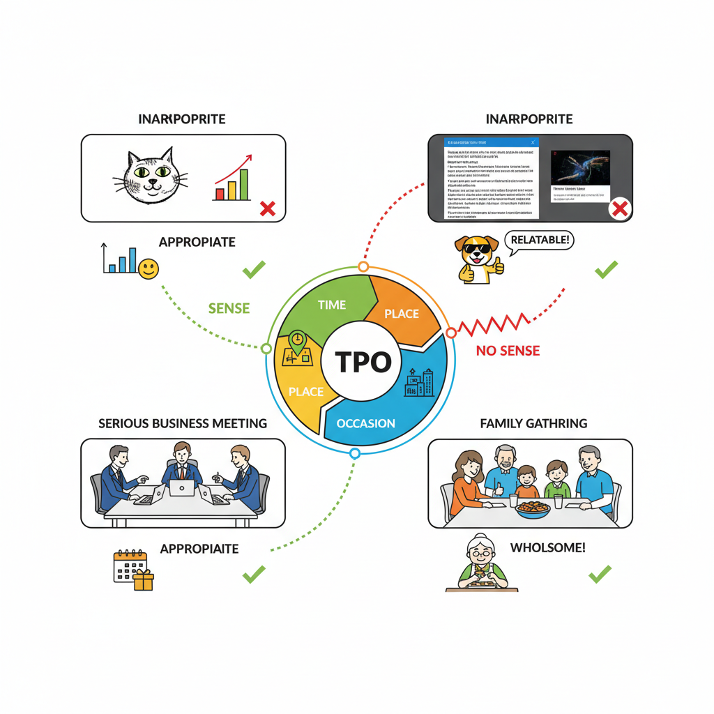 A vibrant infographic illustrating the concept of "TPO" (Time, Place, Occasion) in selecting internet memes. Show different scenarios like a serious business meeting, a casual chat with friends, and a family gathering, with appropriate and inappropriate memes for each, highlighting the "sense" aspect. The style is clean and modern, no text.