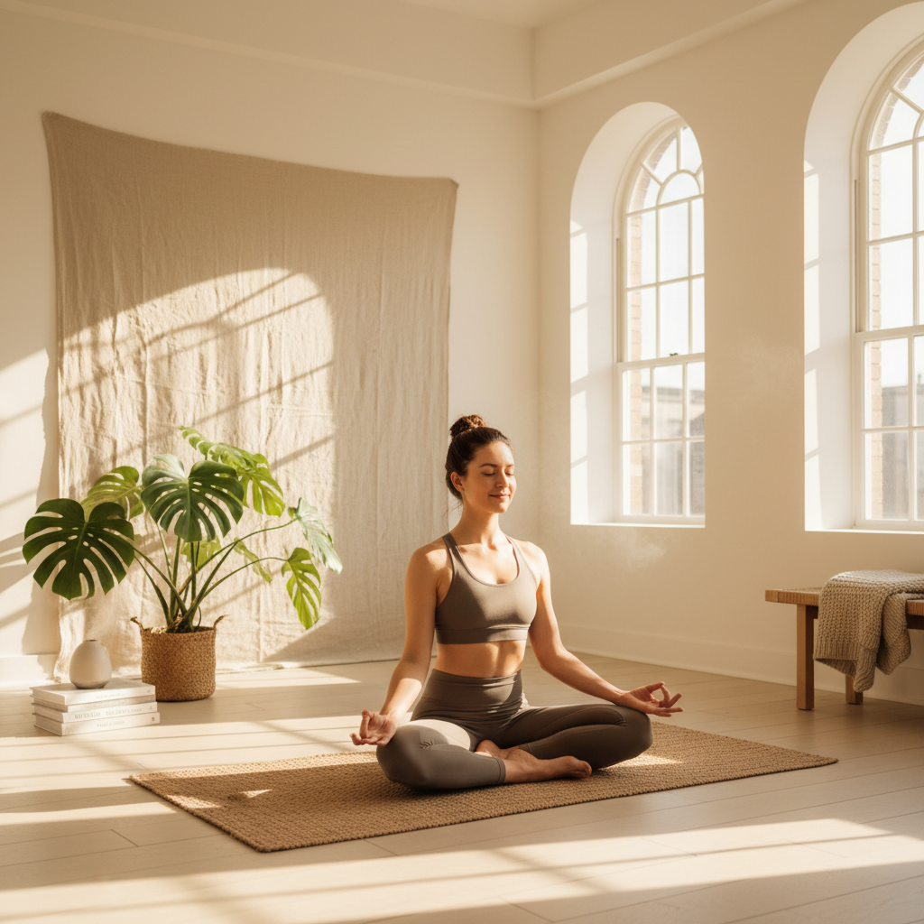 A person engaging in a new morning routine, such as stretching or meditating in a brightly lit, organized space. The scene conveys freshness and positive energy. Style: lifestyle photography, warm lighting, natural setting, textured background. No visible text.