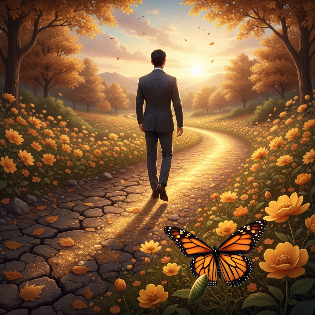 A person walking on a path that transforms from cracked dark ground to golden illuminated road ahead. The journey shows transformation and hope, with butterfly emerging from cocoon in the foreground. Sunrise lighting, inspirational atmosphere, Korean appearance person from behind, confident posture, nature elements surrounding the path, textured ground with flowers blooming along the way, warm color palette, no text