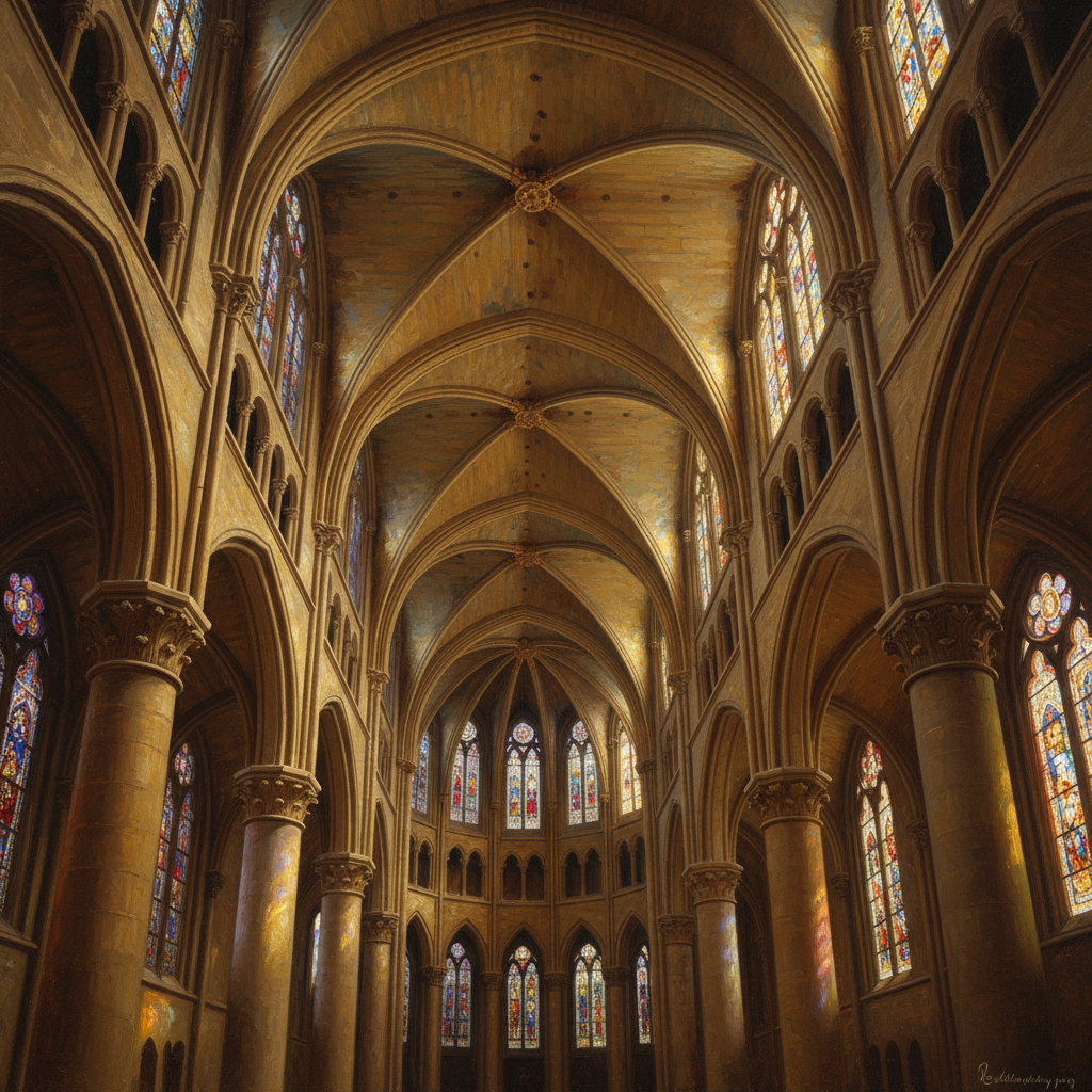 Interior of Chartres Cathedral, focusing on the soaring Gothic arches and massive columns, emphasizing height and grandeur with natural lighting. Artistic rendering, no text.