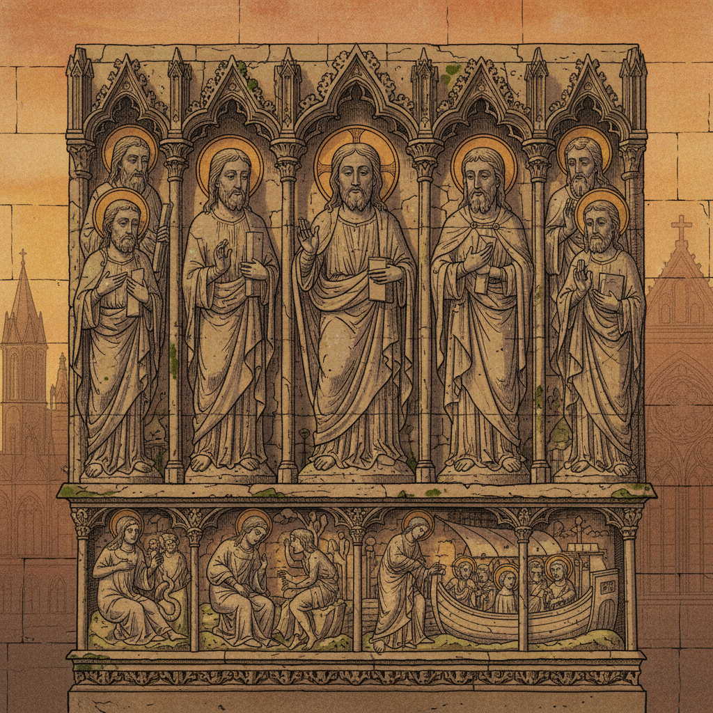 Detailed close-up illustration of intricate stone carvings on Chartres Cathedral, depicting biblical figures with a warm, textured background. Artistic rendering, no text.