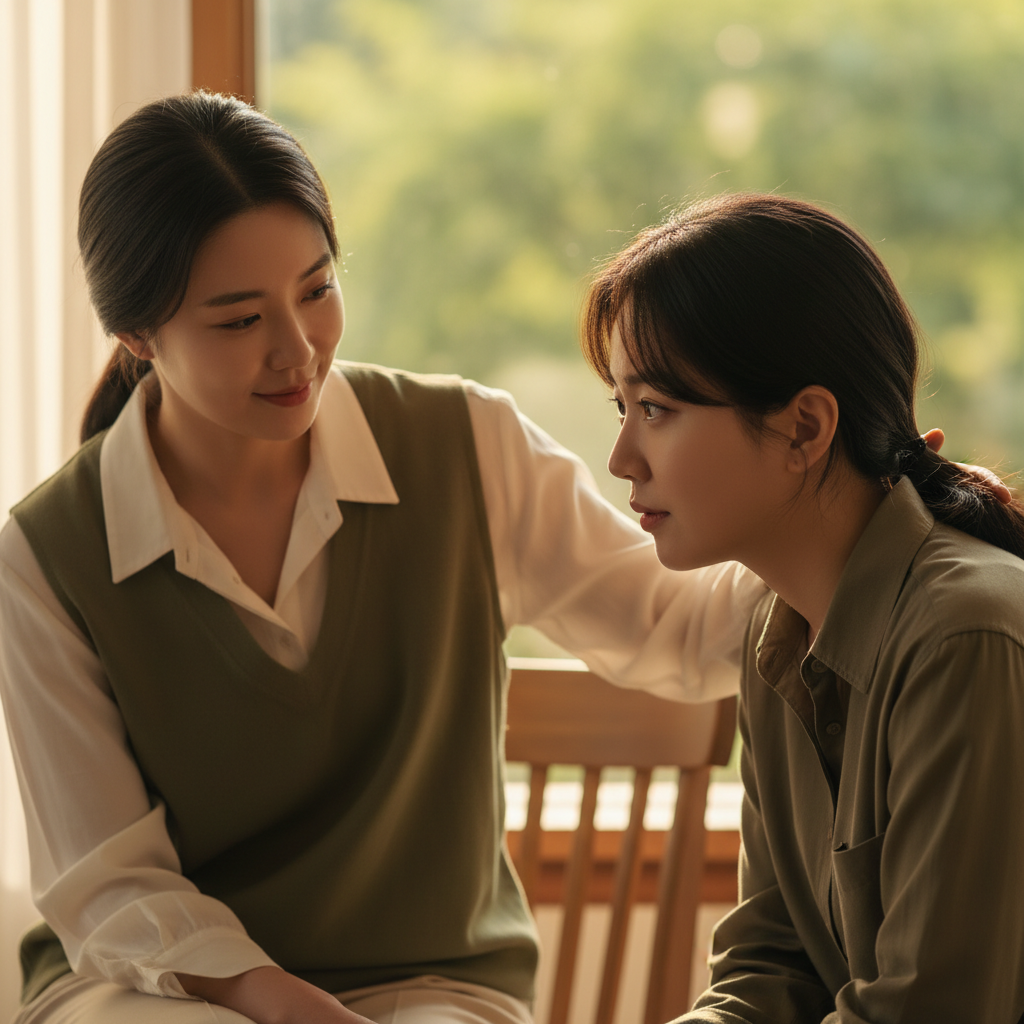 Two Korean individuals, one offering a comforting hand to another who appears to be listening attentively. The scene has warm, inviting lighting in a natural, softly blurred background, suggesting a supportive interaction. Style: lifestyle photography, warm lighting, natural setting.