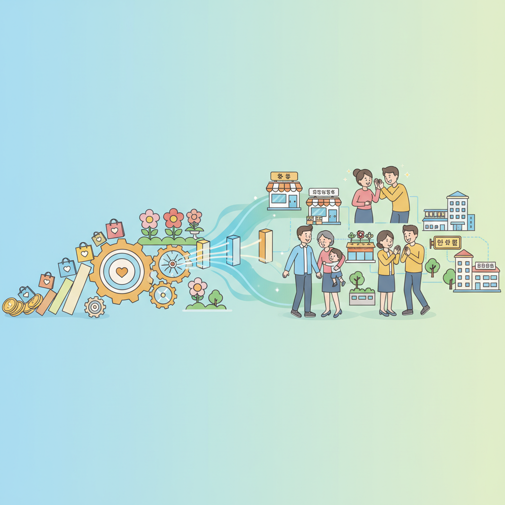 A dynamic illustration showing a chain reaction or domino effect. Small acts of consumer support (depicted as coins or shopping bags) triggering larger positive outcomes for businesses and communities. Korean people with happy expressions. Style: clean infographic, modern layout. Bright, balanced lighting, colored background, no text.