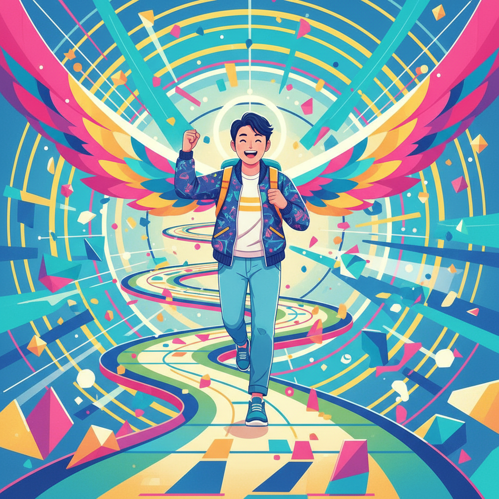 A vibrant illustration depicting a Korean person successfully navigating through a complex, winding path. The path represents challenges, and the person shows a confident, positive expression. Background elements are abstract and colorful, symbolizing progress and achievement. Style: illustration, bright, balanced lighting, no visible text.