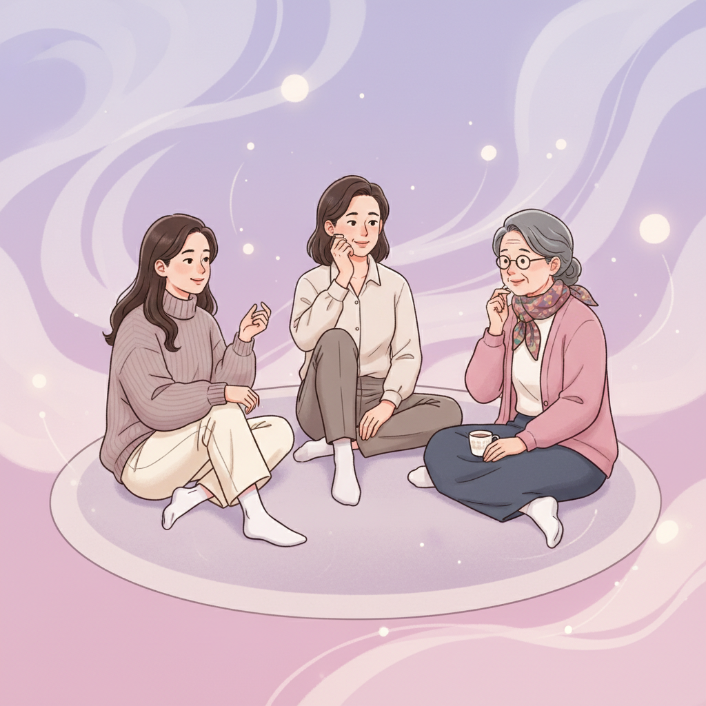 Conceptual illustration showing generational perspectives on parenting. Three generations of Korean women in modern casual clothes having discussion, sitting in circle with soft purple and pink gradient background. Thoughtful expressions, natural gestures, warm atmosphere. No text.
