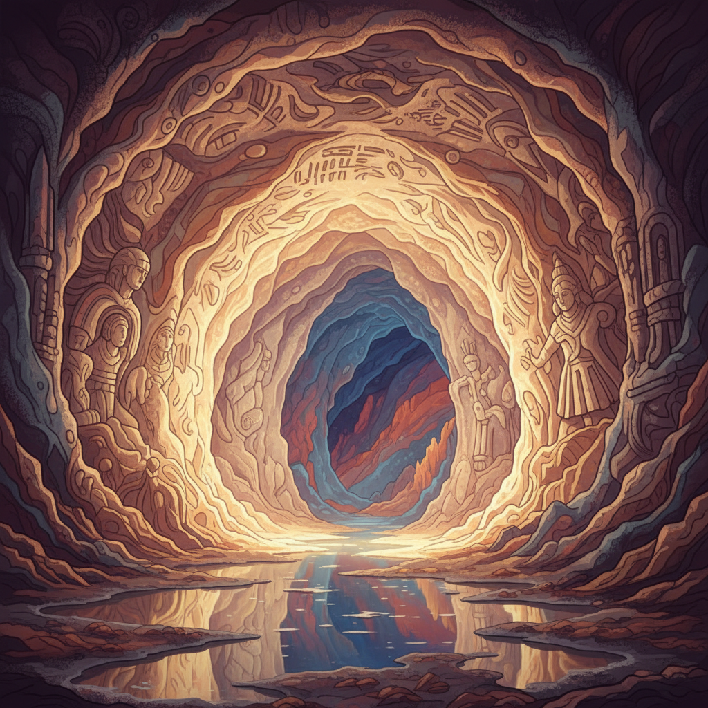 A realistic depiction of a vast underground salt cave with intricate carvings on the walls and ceiling, illuminated by warm, ethereal light. Style: illustration, artistic rendering, textured background. No visible text. No Korean characters. Colored background.