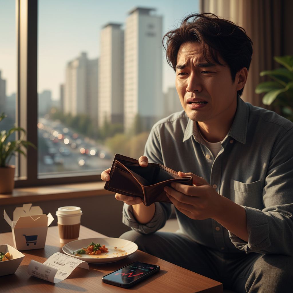 A Korean person, looking stressed, holding an empty wallet with a look of despair, surrounded by subtle visual cues of high prices and economic pressure. Style: lifestyle photography, warm lighting, natural setting. No visible text. Colored background.