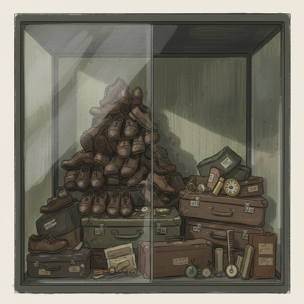 An artistic rendering of the interior of Auschwitz, focusing on preserved artifacts like shoes, suitcases, or personal items behind a glass display, conveying a sense of solemnity and loss. Soft, respectful lighting and a deep, muted color palette. Style: artistic rendering, textured background. No text, clear visuals, no empty margins.