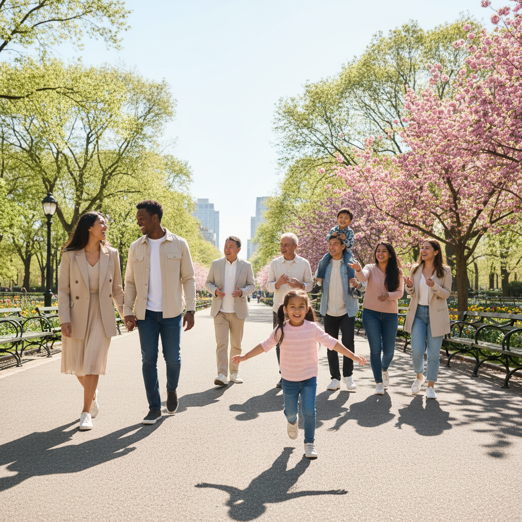 A vibrant lifestyle photography image showing a diverse group of people (e.g., family, friends) walking outdoors in a park or pedestrian zone, genuinely engaging with each other and their surroundings, without looking at smartphones. Emphasize interaction, smiles, and appreciation for the environment. Bright, natural lighting. No text.