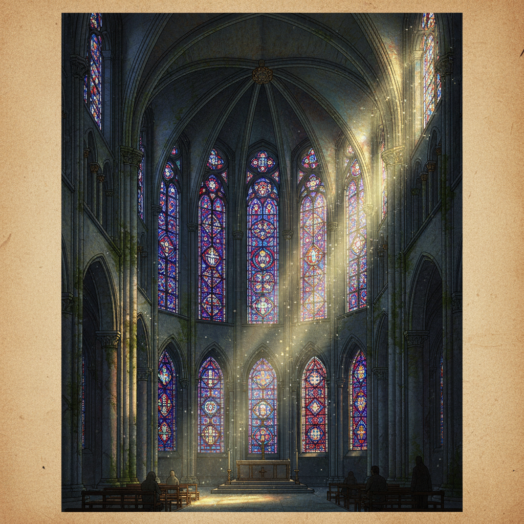 Interior view of Chartres Cathedral, highlighting the vibrant "Chartres Blue" stained-glass windows, with light streaming through, creating a mystical atmosphere. Illustration with textured background, no text.