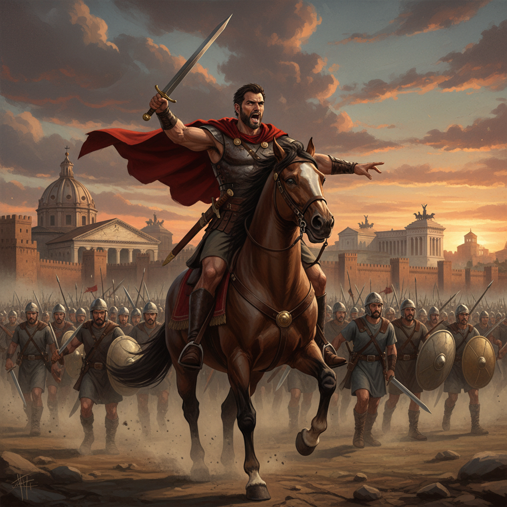 A dramatic, heroic illustration of Spartacus leading his army towards the gates of Rome, with a determined expression. The background features the iconic Roman cityscape, implying the imminent conflict. Style: illustration, artistic rendering, textured background. No text.