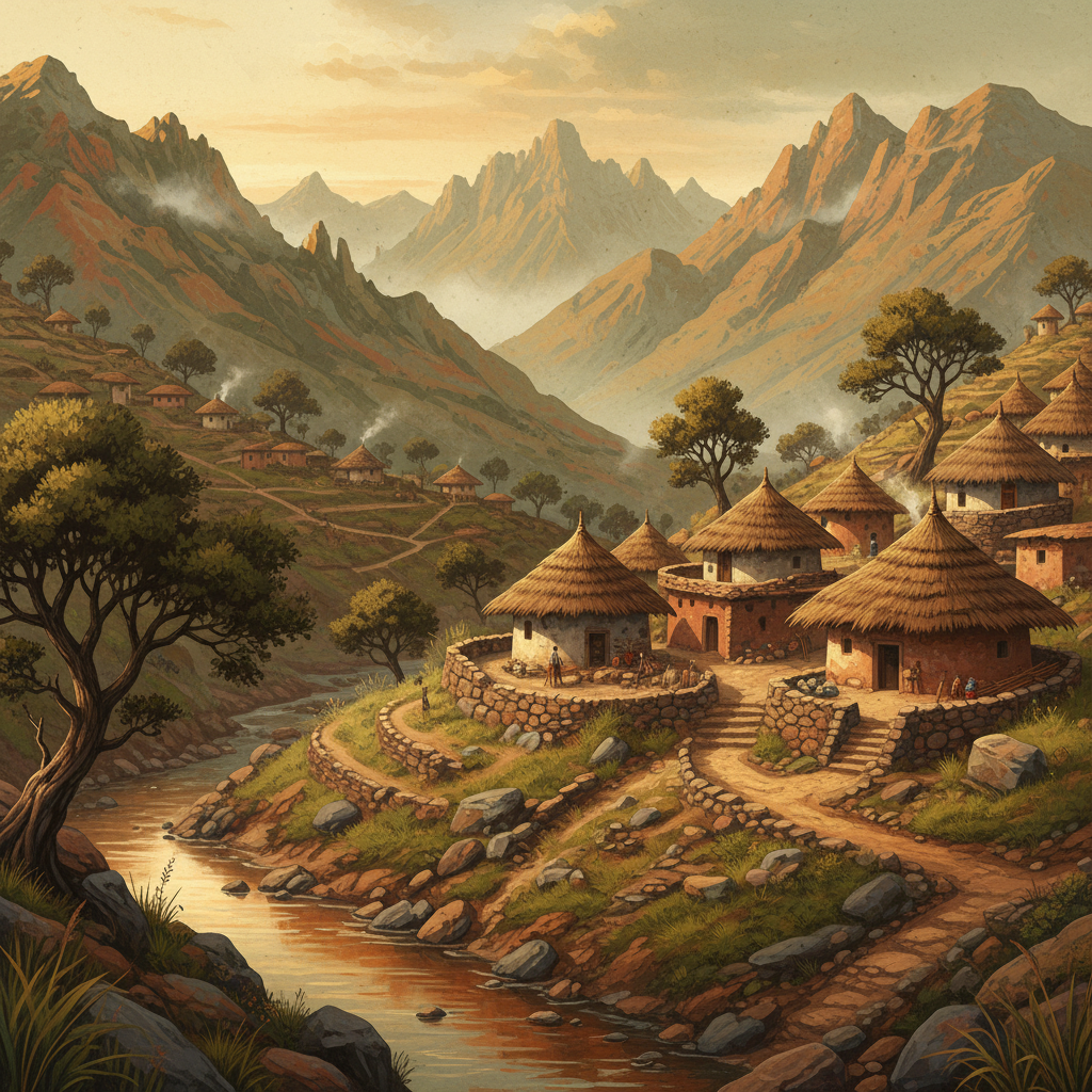 A traditional Ethiopian village nestled in the Simien Mountains, showing mud and stone houses with thatched roofs. Emphasize the harmonious integration of human settlement with the natural landscape. Style: artistic rendering, textured background, warm, earthy tones. No text.
