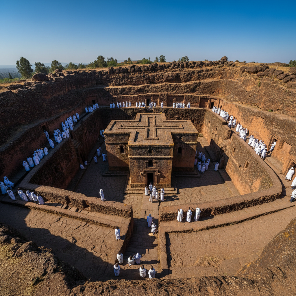 Bird eye view of Bet Giyorgis church carved in perfect cross shape, deep rectangular pit surrounding the monolithic structure, reddish volcanic rock texture, narrow trenches leading to entrance, Ethiopian worshippers in white robes gathering around, dramatic shadows emphasizing architectural depth, clear blue sky background, professional architectural photography