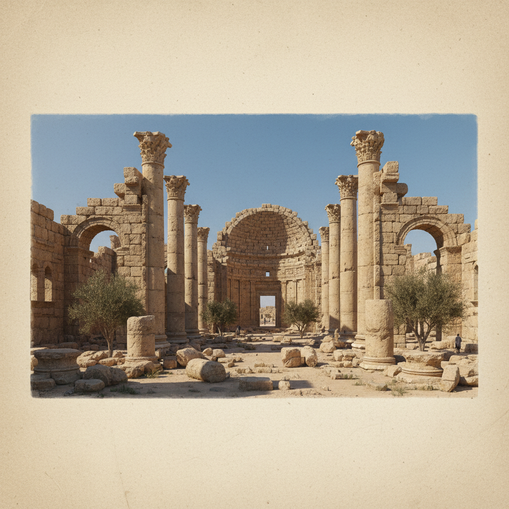 A detailed illustration of the ruins of the grand basilica church in Abu Mena, highlighting its ancient columns and weathered stone against a clear sky. Emphasize the scale and historical significance of the architecture. Style: illustration, artistic rendering, textured background. No text.