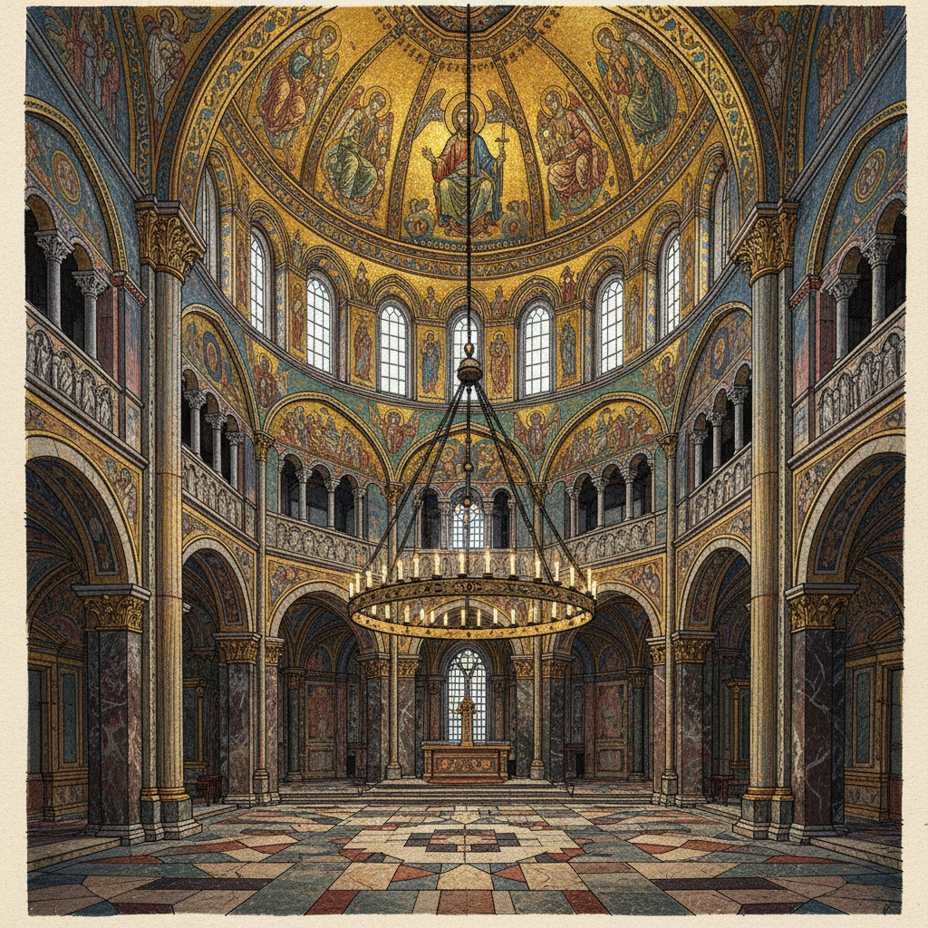 An artistic rendering of the intricate interior of Aachen Cathedral, focusing on the octagonal dome and its ornate mosaics. The illustration should convey a sense of grandeur and historical depth, with rich colors and textured details. Style: illustration, artistic rendering, textured background. No visible text, no Korean characters.