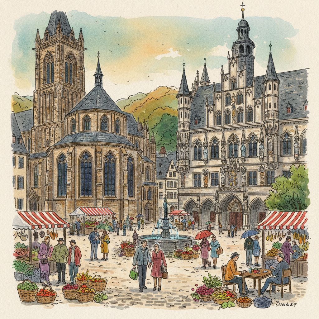 An artistic rendering showing the juxtaposition of Aachen Cathedral and the historical Aachen City Hall in a bustling market square. The illustration should capture the architectural beauty of both buildings and the lively atmosphere of the square, with a textured background. Style: illustration, artistic rendering, textured background. No visible text, no Korean characters.