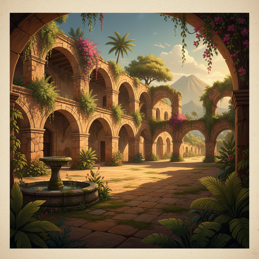 An illustration of a grand, partially ruined colonial monastery in Antigua Guatemala, showing archways and courtyards bathed in warm, natural light. Lush green plants grow within the old stone walls. Style: artistic rendering, textured background. No visible text in image. Never use Korean characters.