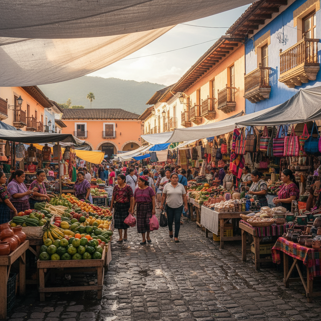 A vibrant and colorful market scene in Antigua Guatemala, filled with local vendors selling fresh produce, textiles, and handicrafts. The atmosphere is bustling with people, natural lighting, and colonial buildings in the background. Style: lifestyle photography, warm lighting. No visible text in image. Never use Korean characters.