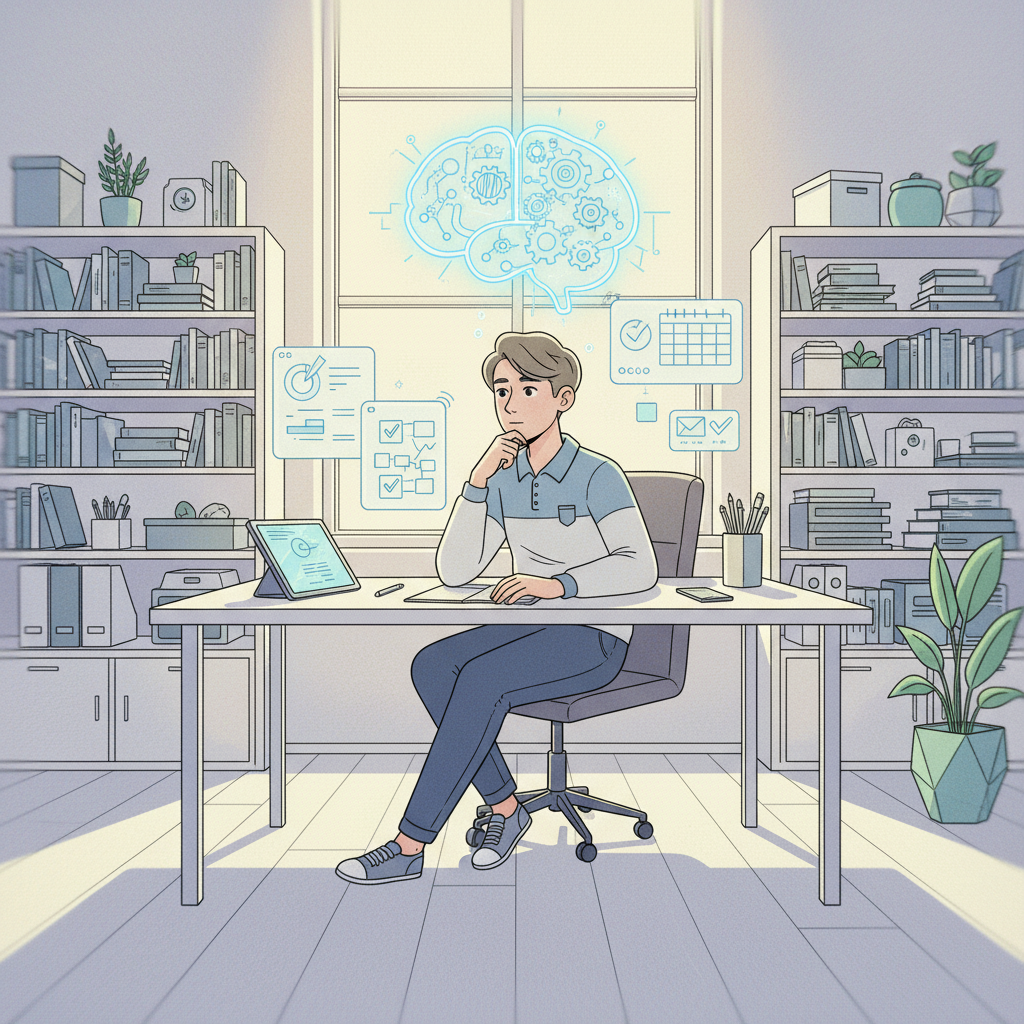 Modern illustration depicting the meaning of "Aljalttakkalsen." Features a stylized character in a clean, organized workspace, efficiently managing tasks with a thoughtful expression. Show elements of cleanliness, order, and creative thinking. Artistic rendering, textured background, bright, balanced lighting, no text.