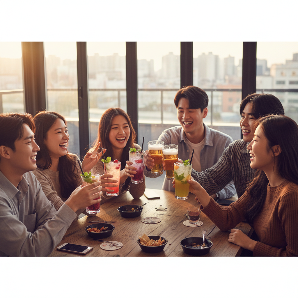 A group of Korean friends at a social gathering, some holding non-alcoholic drinks, others with alcoholic beverages, all smiling and chatting. The scene should be lively yet show individual choices. Lifestyle photography, natural lighting, no text.