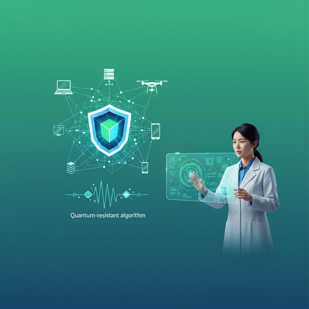clean infographic, modern layout, high contrast. A futuristic shield icon protecting a network of connected devices, representing quantum-resistant cryptography. Complex but elegant security concept. A Korean scientist developing a quantum-resistant algorithm on a holographic screen. Green-blue gradient background. No visible text.