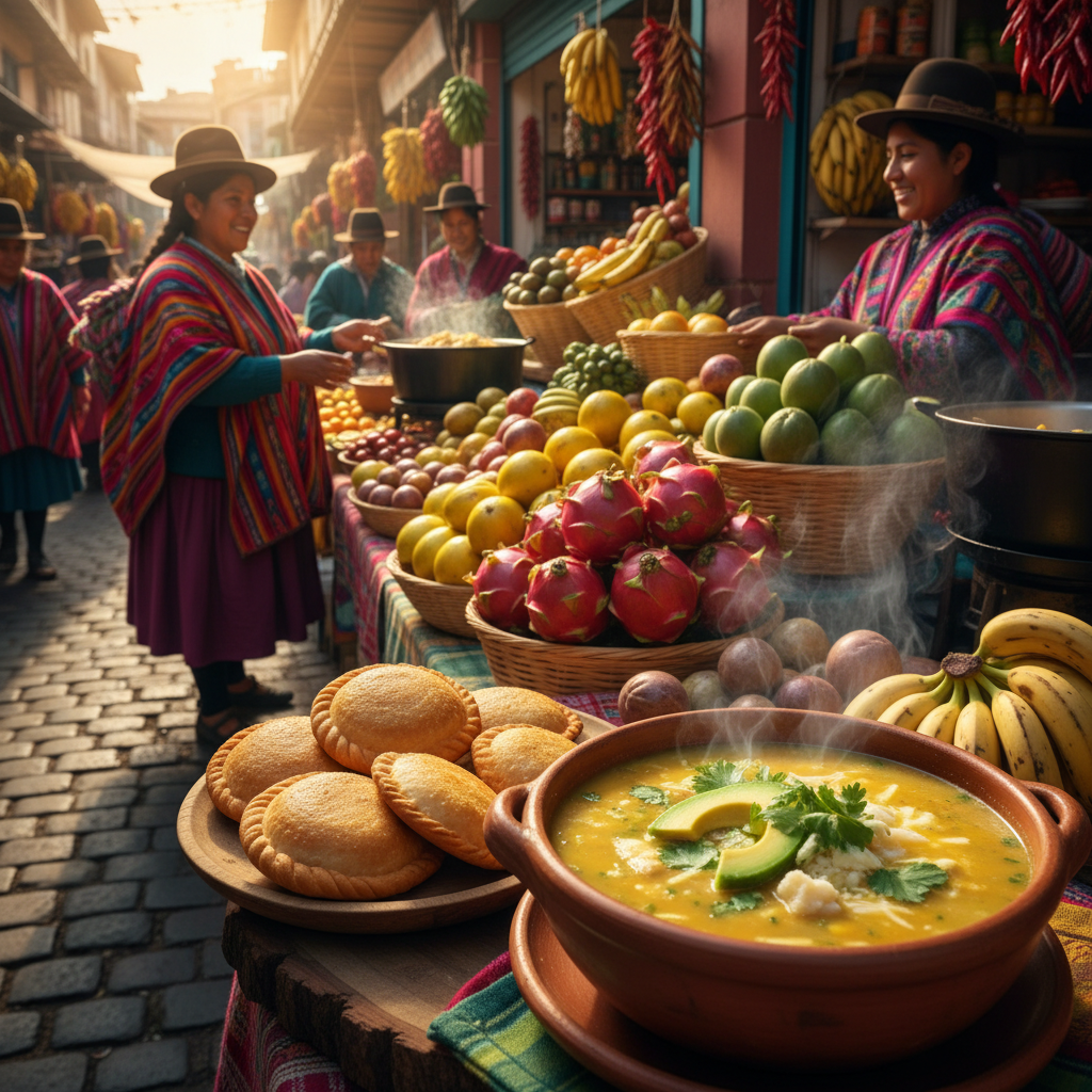Colorful traditional Ecuadorian food market scene, fresh locro de papas soup in clay bowl, empanadas on wooden plate, tropical fruits display, local vendors in traditional clothing, vibrant market atmosphere, warm natural lighting, appetizing food photography, no text