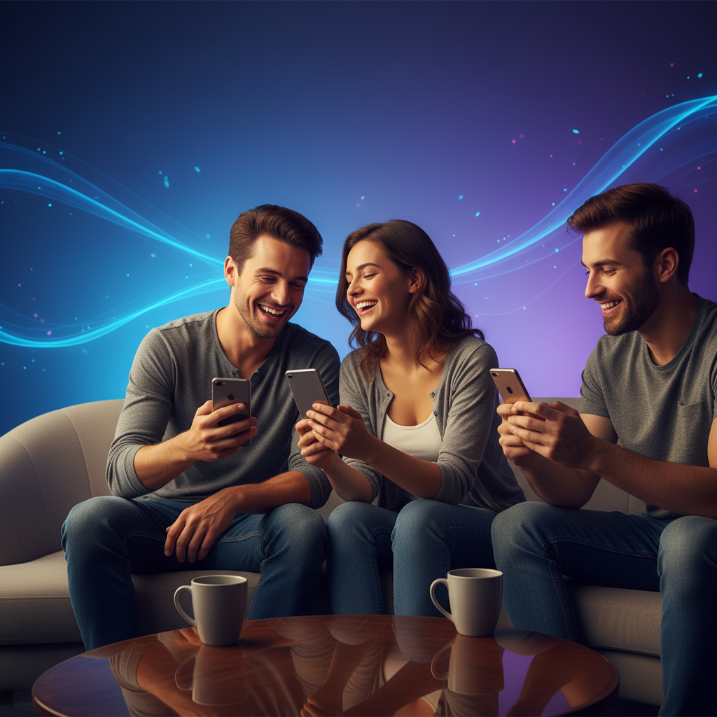 Modern digital communication scene with young people using smartphones and social media, bright colored background with gradient blue and purple tones, lifestyle photography showing natural interactions and conversations, warm ambient lighting, no text visible
