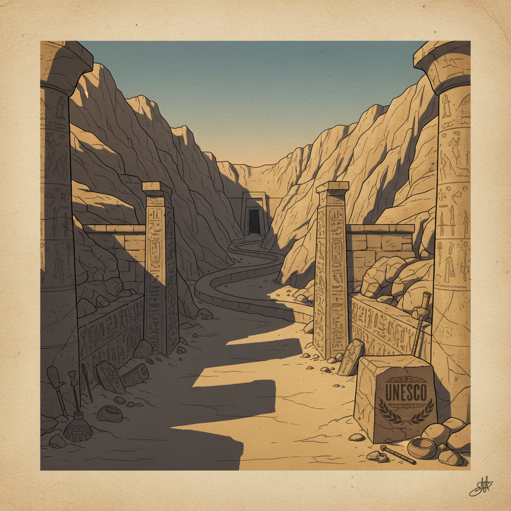 An illustration of the entrance to the Valley of the Kings in the Theban Necropolis, with rugged desert mountains and a sense of ancient mystery. Emphasize the burial site of pharaohs, part of the UNESCO World Heritage. Textured background, no text.