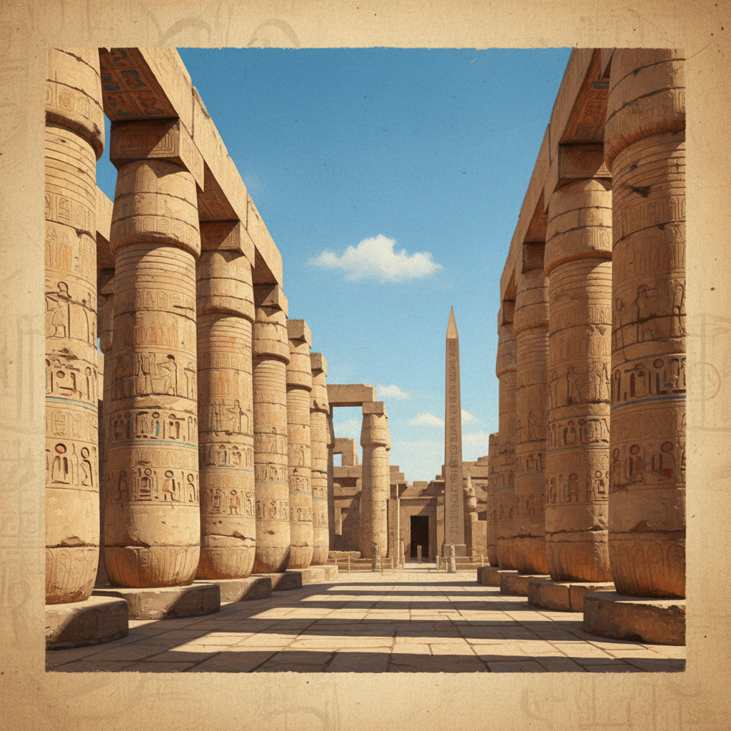 An artistic rendering of the majestic Karnak Temple complex in Ancient Thebes, showing its grand pillars and intricate carvings under a clear blue sky. Highlight the scale and architectural wonder of this UNESCO World Heritage site. Textured background, no text.