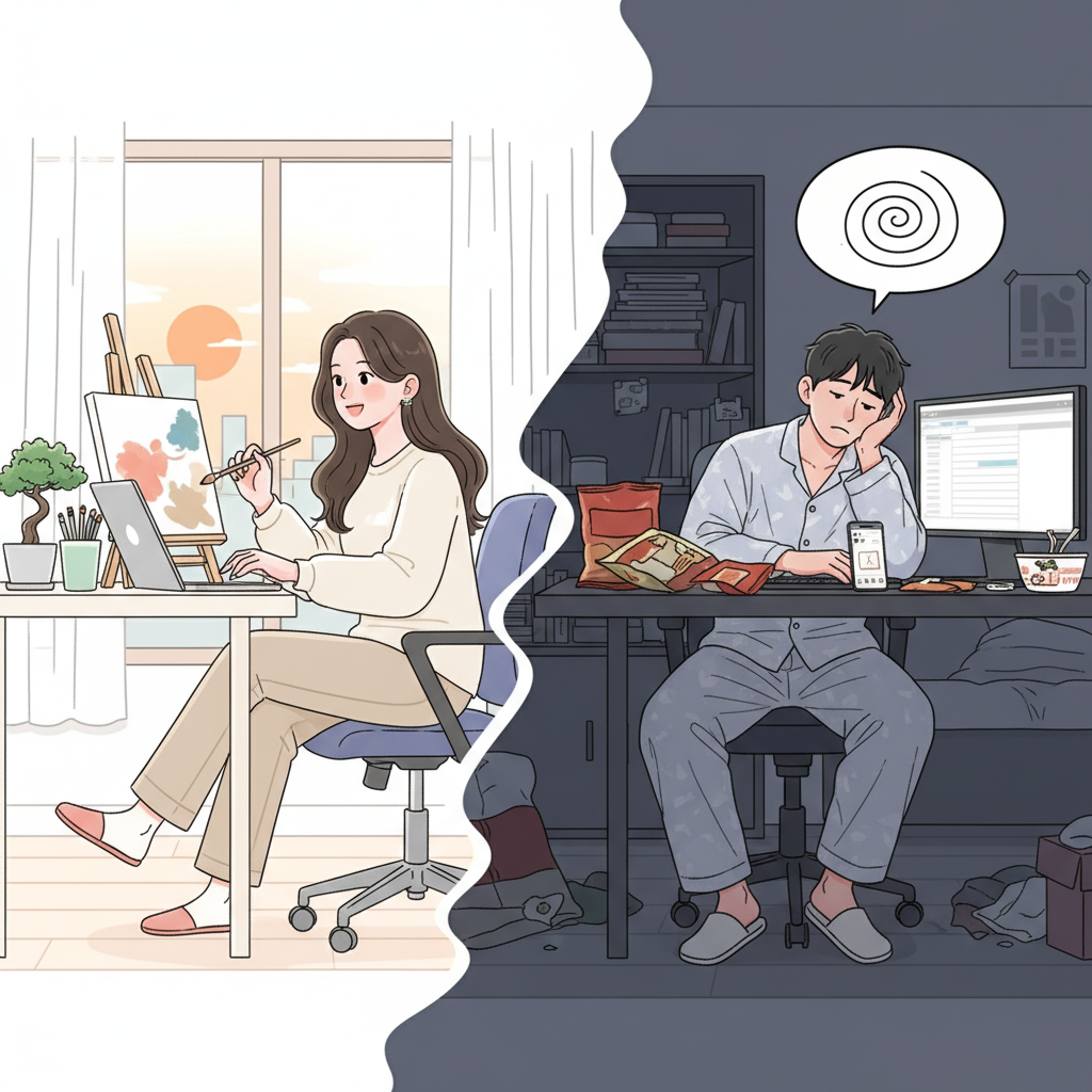 A split image. On one side, a Korean person is enjoying a balanced life with work and hobbies, looking productive and happy (Work-Life Balance). On the other side, a Korean person is sluggishly at their desk, procrastinating and wasting time (illustrating 월급루팡). The two scenes are distinct but conceptually linked by a subtle division. Lifestyle illustration. No text.