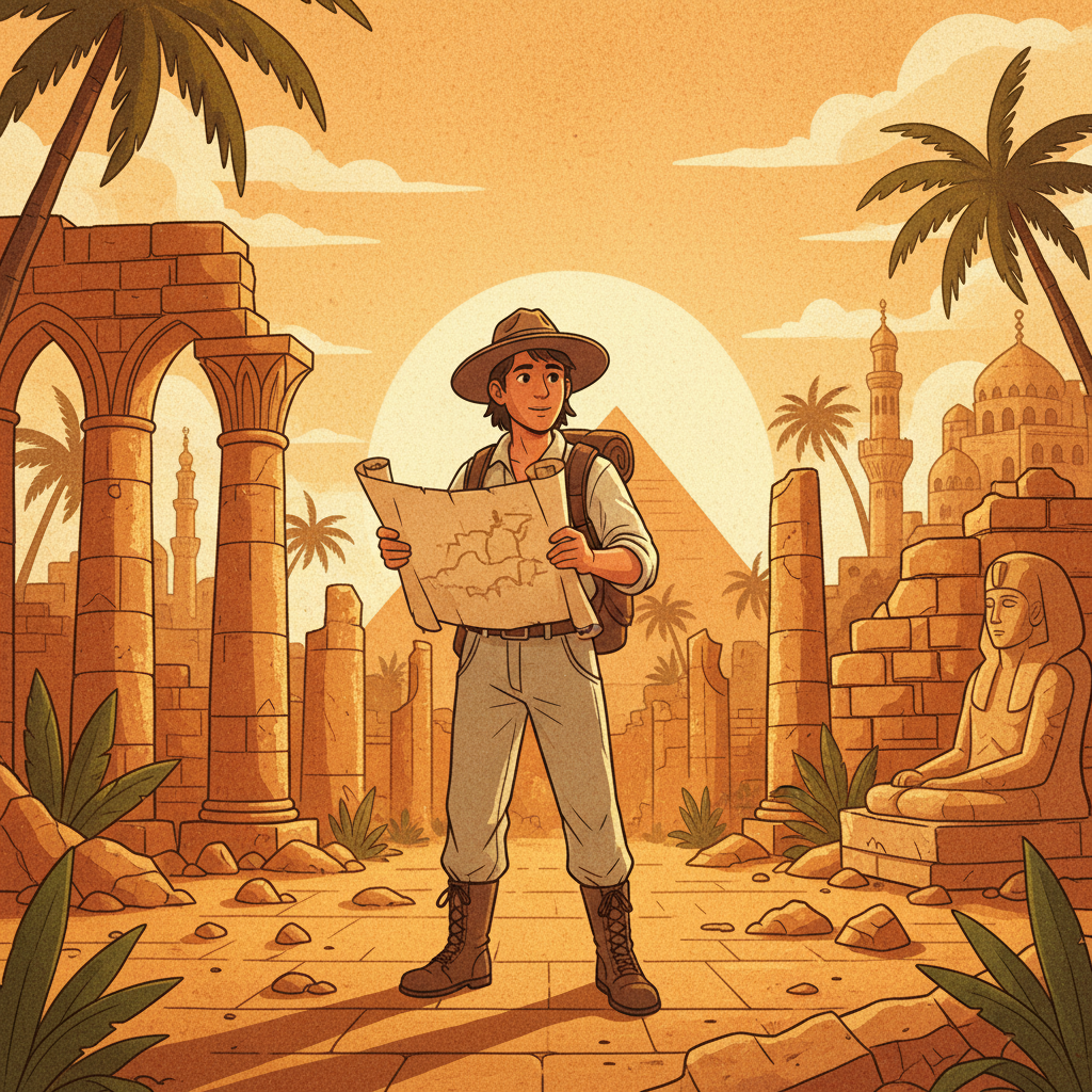 An artistic rendering of a traveler standing amidst ancient Egyptian ruins in Historic Cairo, holding a map or guidebook. The scene should convey a sense of exploration and wonder, with a textured, warm background and the distinct architectural elements of the area. No visible text, centered focus, full frame. Style: illustration, artistic rendering, textured background.