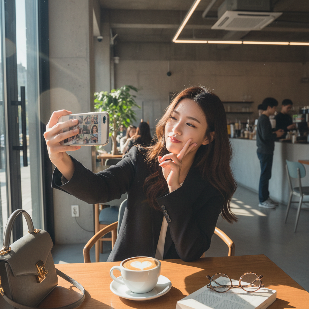 Lifestyle photography of Korean young woman in trendy cafe, taking multiple selfies with different poses and expressions, smartphone screen showing filtered photos, scattered props like designer bag and latte art, afternoon natural window light, realistic contemporary scene depicting social media culture, no text