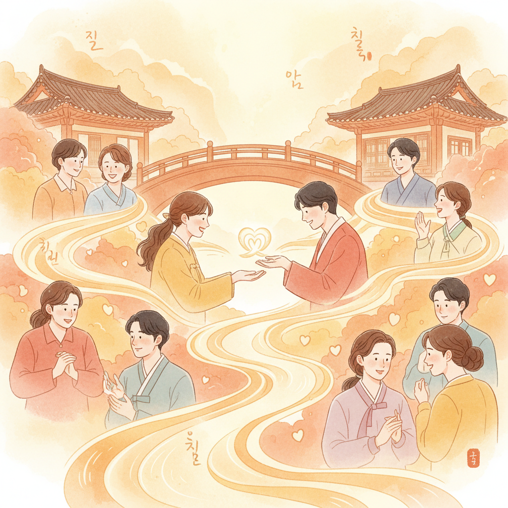 illustration of people building trust and connecting with empathy, warm colors, Korean characters, gentle lighting, no text