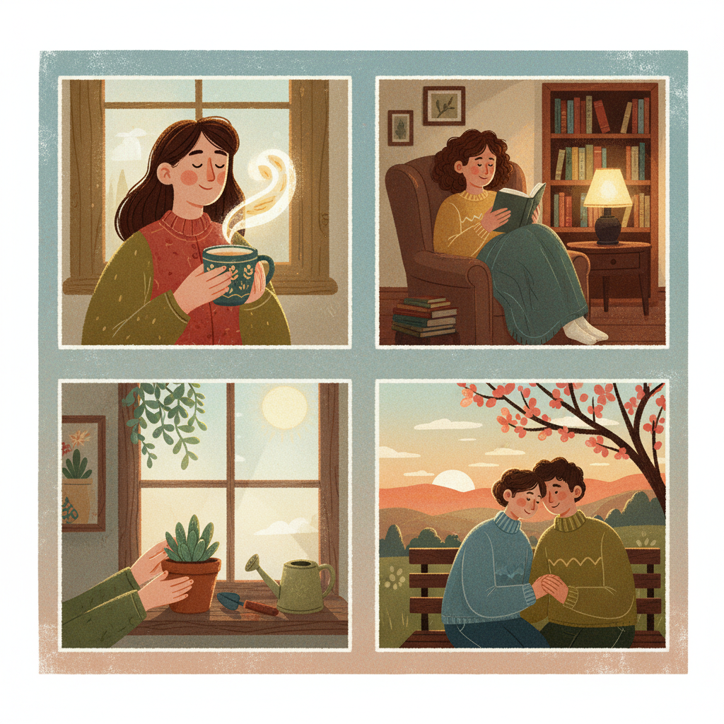 A vibrant illustration depicting various 'small but certain happiness' scenes: a person enjoying a perfectly brewed cup of tea, another reading a book in a cozy corner, someone else tending to a small indoor plant, and a couple sharing a quiet moment. Style: illustration, artistic rendering, textured background. No text.