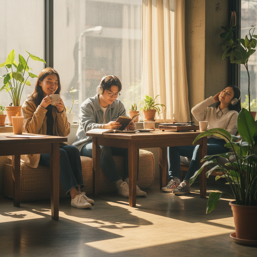 A diverse group of people with Korean appearance finding joy in everyday moments, like sipping coffee, reading a book, or listening to music, set against a warm, sunlit cafe background. Lifestyle photography, natural setting.