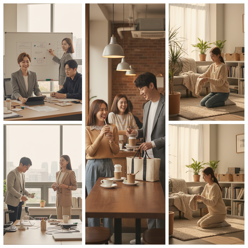 Lifestyle photography of diverse Korean individuals in various everyday settings – a modern office, a cafe with friends, a person organizing their home – showcasing "Aljalttakkalsen" in action. Emphasize efficient, thoughtful, and stylish actions. Warm lighting, natural setting, centered focus, no text.