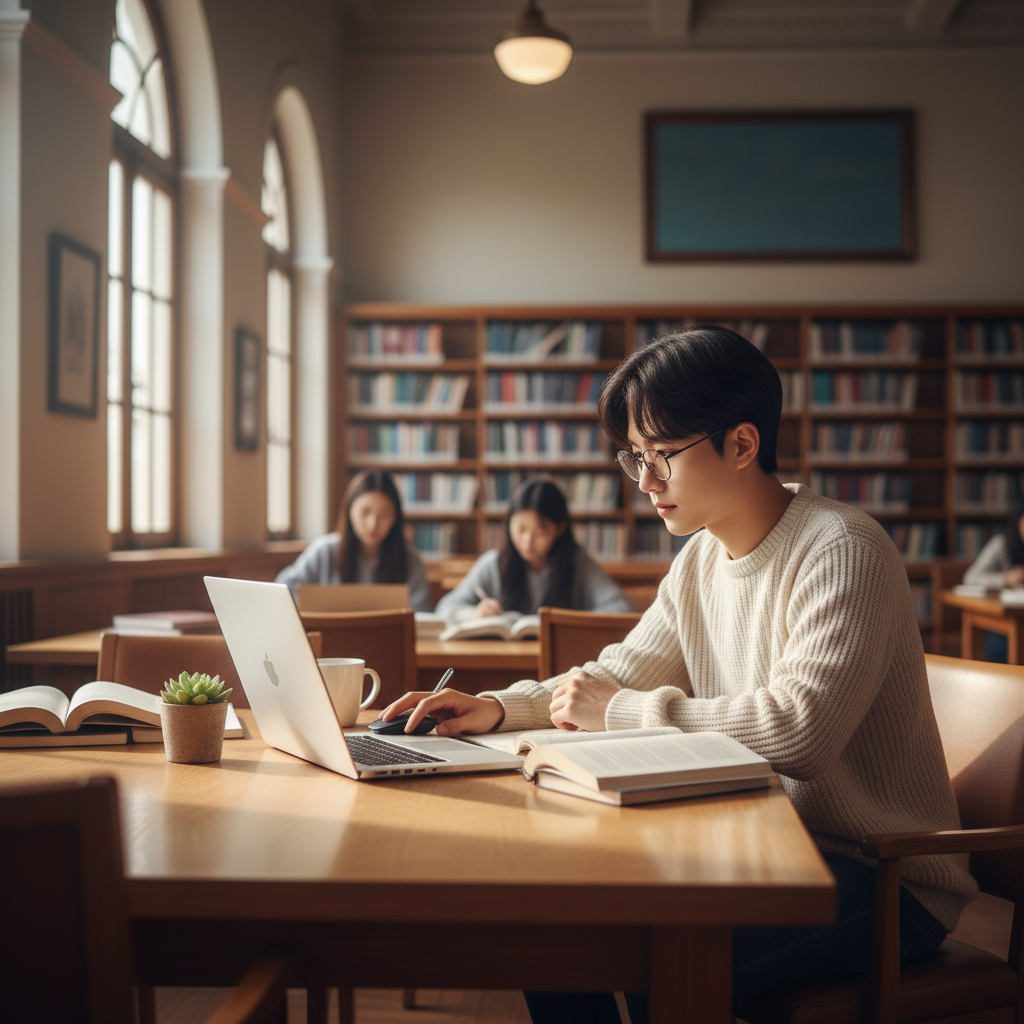 A motivational lifestyle photograph showing a young Korean person studying or working hard in a library or study space, with books and laptop, representing determination and self-improvement. Natural lighting, inspiring atmosphere, no text.
