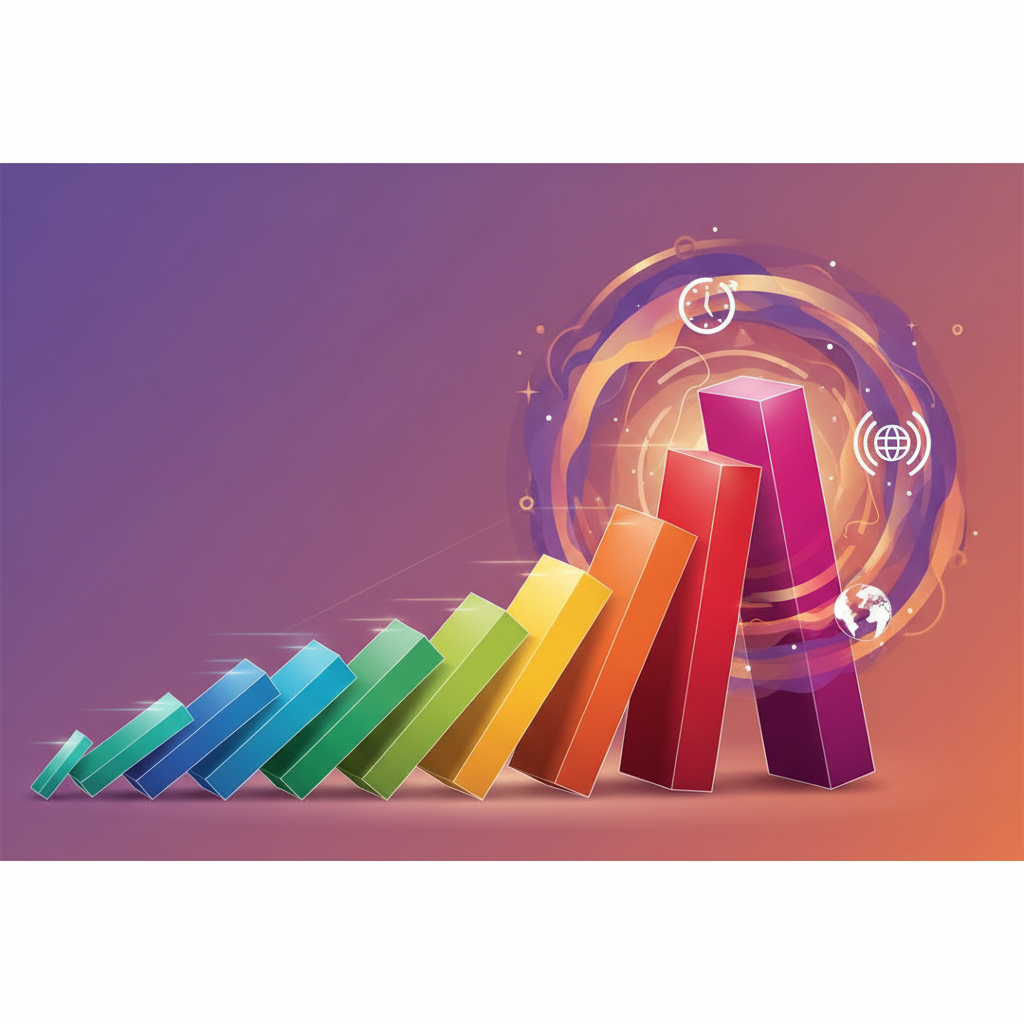 A domino effect visualization showing small action leading to large consequences, colorful dominoes falling in sequence, dynamic motion, gradient purple and orange background, modern infographic style, clear cause and effect representation, no text