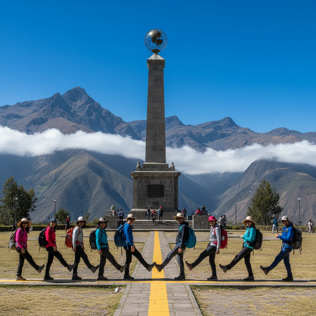 Monument to the Equator with yellow line marking latitude zero, tall stone monument with globe on top, tourists standing on both hemispheres, Andean mountains in background, clear blue sky, bright daylight, documentary photography style, vivid colors, no text
