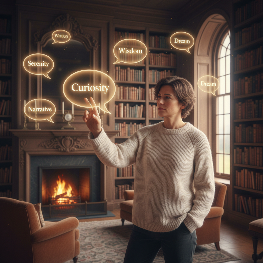 A person carefully choosing words from floating speech bubbles, thoughtful expression, warm library setting with books, soft amber lighting, cozy atmosphere, lifestyle photography, natural composition, no text