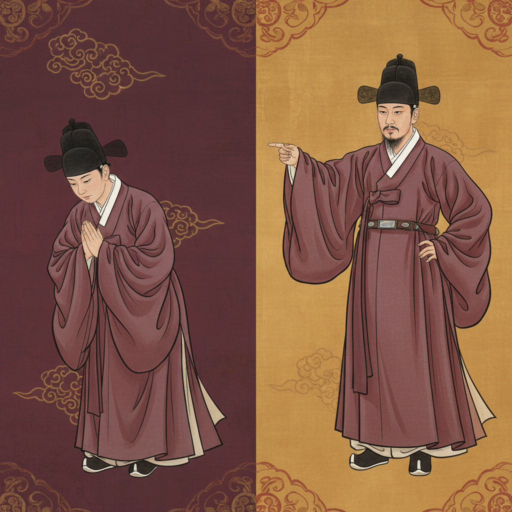 Historical Korean scene showing a person in traditional hanbok and official hat displaying contrasting behaviors. Split composition showing respectful bow on one side and authoritative gesture on other side. Rich burgundy and gold gradient background, classical painting style with modern clarity, no text visible.