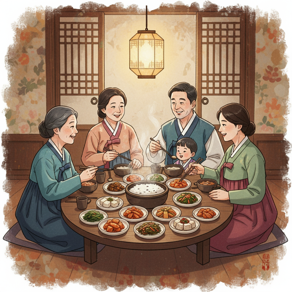 A traditional Korean family sharing a meal, with various side dishes (banchan) and rice. Emphasize the warm, communal atmosphere and the sense of nourishment. Illustration, artistic rendering, textured background. No visible text in image. No Korean characters.