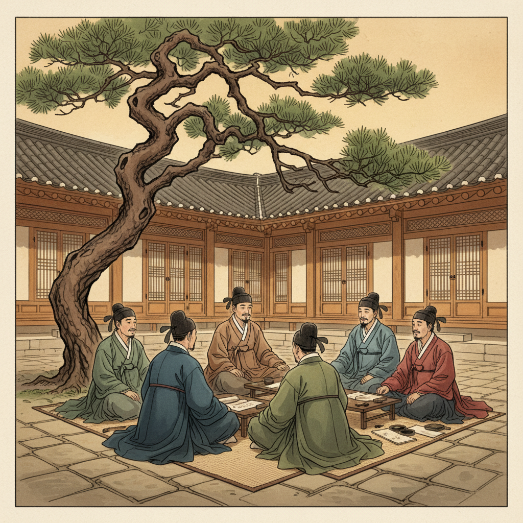 Traditional Korean scholars in hanbok sitting in a serene hanok courtyard, engaging in friendly conversation under a pine tree, historical illustration style, warm afternoon atmosphere, textured background with traditional architecture, artistic rendering with soft colors, cultural heritage theme, no text