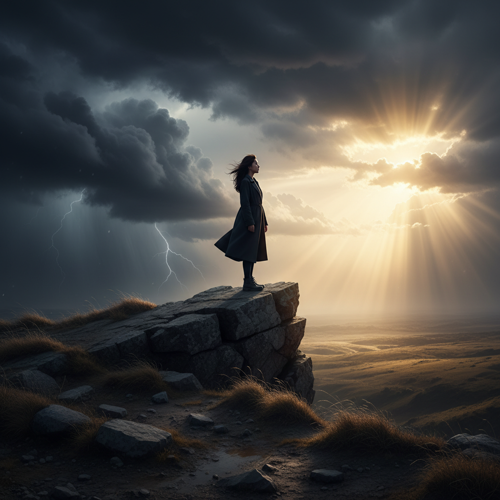 A dramatic scene showing a person standing at the edge of a dark cliff, with bright golden sunlight breaking through storm clouds in the distance. The landscape transitions from dark stormy weather on one side to bright hopeful sky on the other. Cinematic lighting, emotional atmosphere, Korean appearance person, natural expression, textured rocky background with grass, no text