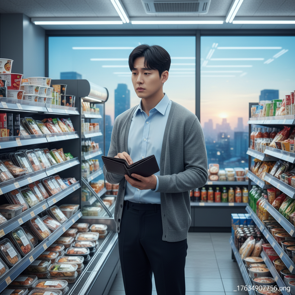 Young Korean office worker standing at convenience store aisle looking thoughtfully at lunch options, holding wallet, fluorescent lighting, realistic lifestyle scene, blue and yellow gradient background, natural expression showing concern, modern urban setting, relatable everyday moment